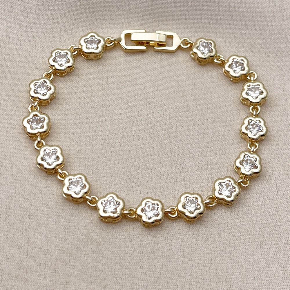 Oro Laminado Fancy Bracelet, Gold Filled Style Flower Design, with White Cubic Zirconia, Polished, Golden Finish