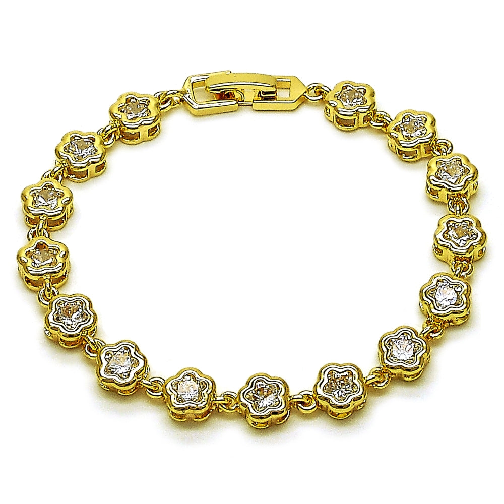 Oro Laminado Fancy Bracelet, Gold Filled Style Flower Design, with White Cubic Zirconia, Polished, Golden Finish