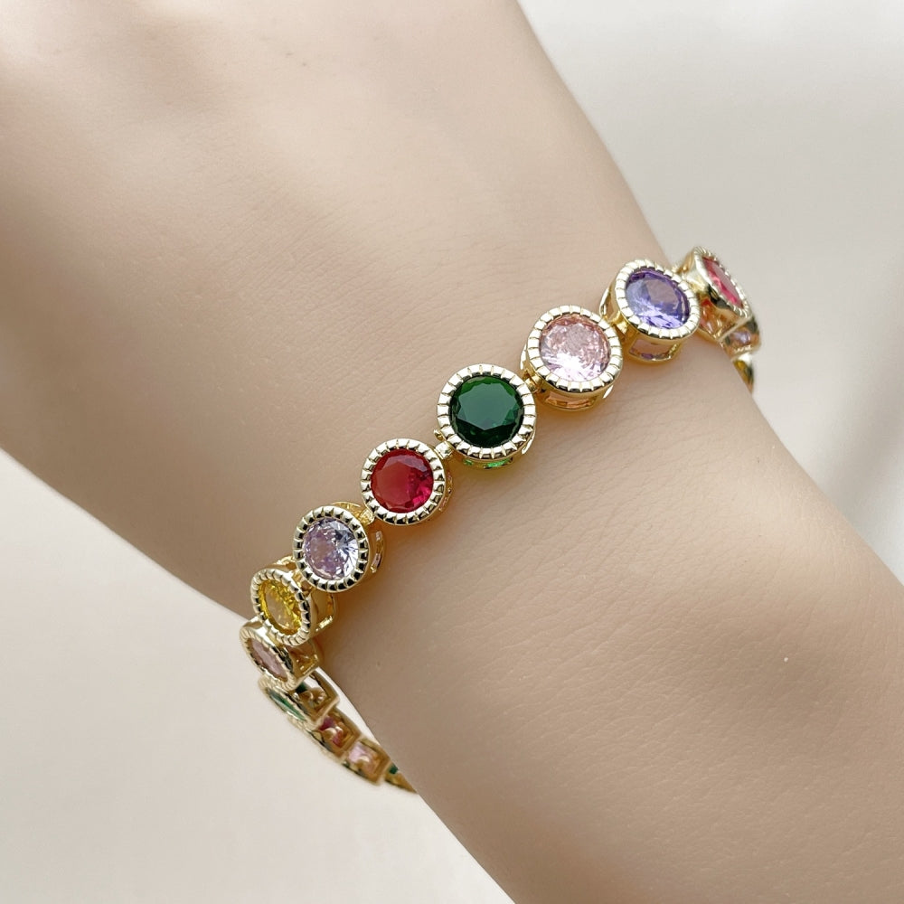Oro Laminado Tennis Bracelet, Gold Filled Style with Multicolor Cubic Zirconia, Polished, Golden Finish