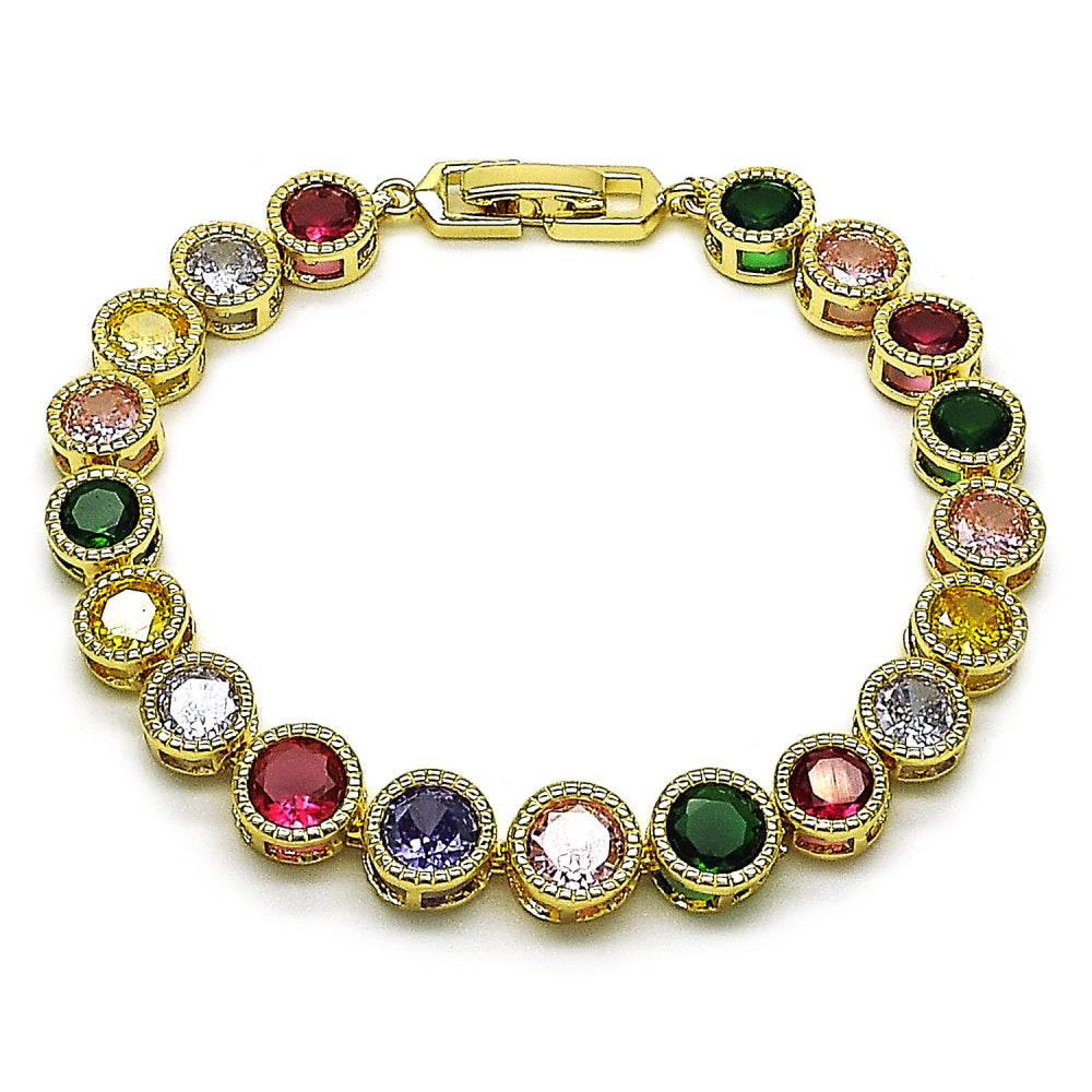 Oro Laminado Tennis Bracelet, Gold Filled Style with Multicolor Cubic Zirconia, Polished, Golden Finish