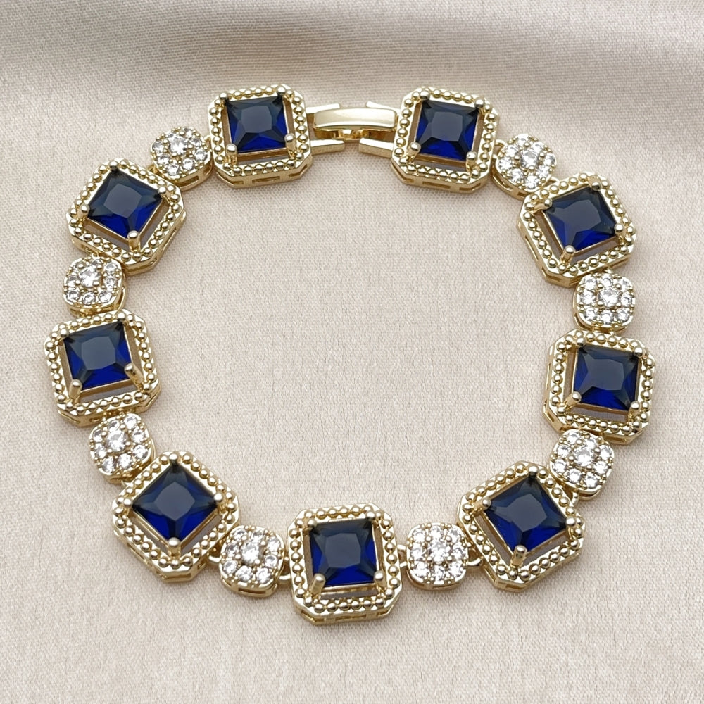 Oro Laminado Tennis Bracelet, Gold Filled Style Cluster Design, with Sapphire Blue and White Cubic Zirconia, Polished, Golden Finish