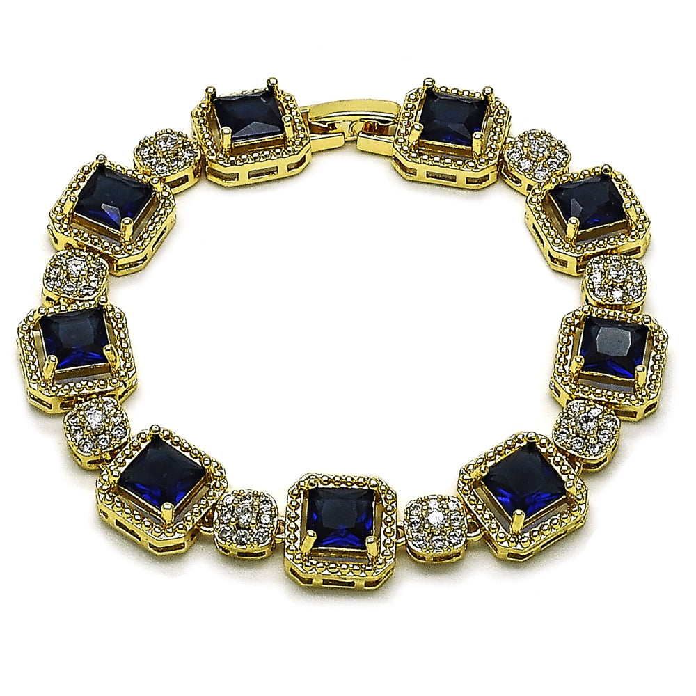 Oro Laminado Tennis Bracelet, Gold Filled Style Cluster Design, with Sapphire Blue and White Cubic Zirconia, Polished, Golden Finish