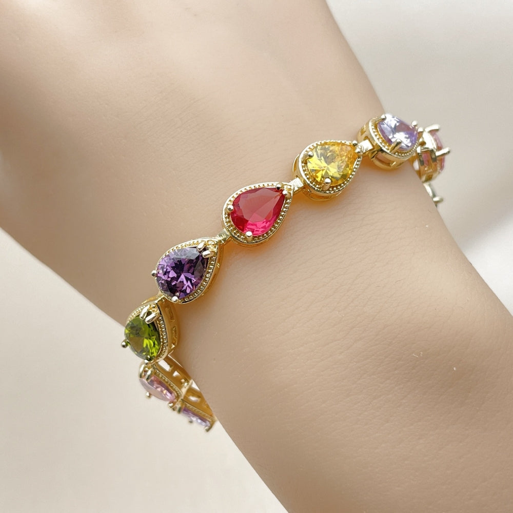 Oro Laminado Tennis Bracelet, Gold Filled Style Teardrop Design, with Multicolor Cubic Zirconia, Diamond Cutting Finish, Golden Finish