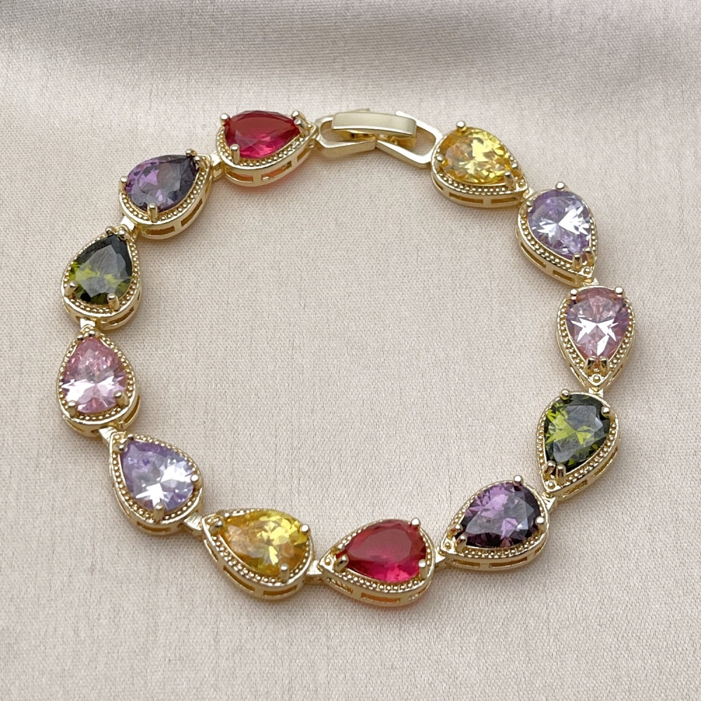 Oro Laminado Tennis Bracelet, Gold Filled Style Teardrop Design, with Multicolor Cubic Zirconia, Diamond Cutting Finish, Golden Finish