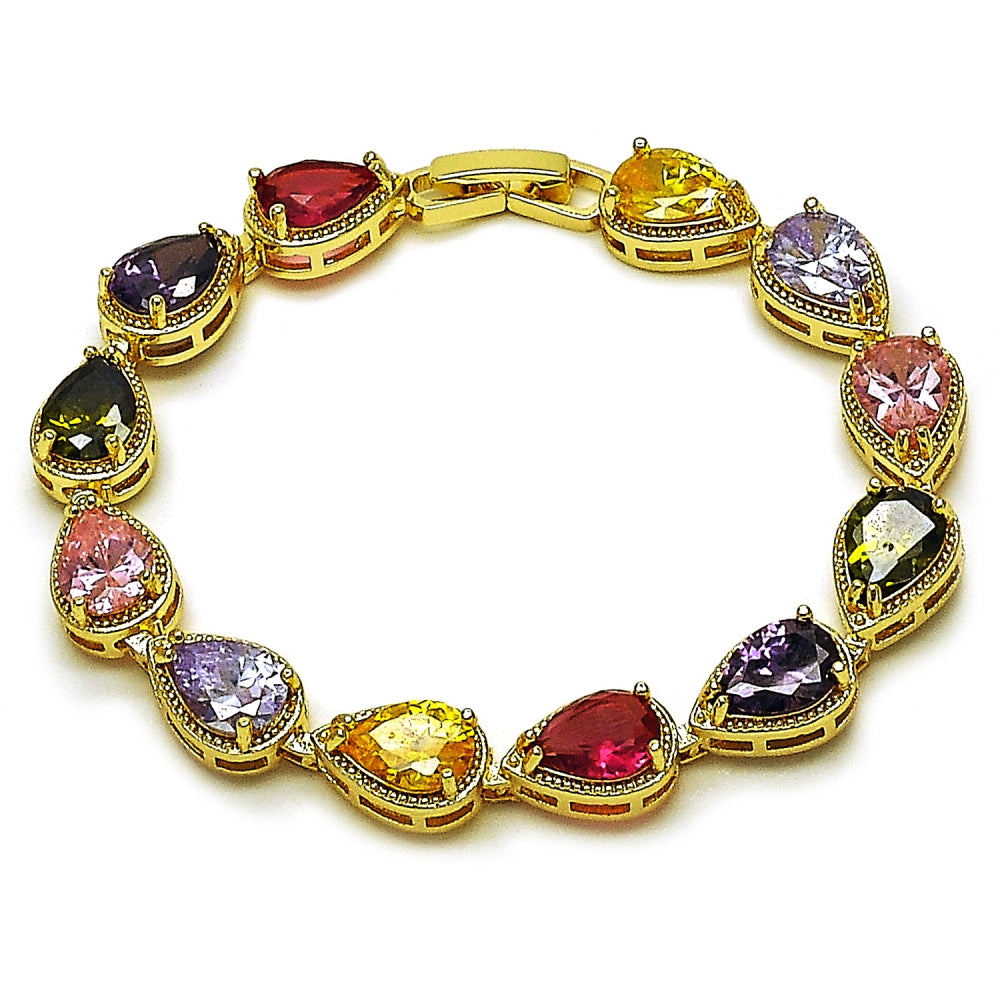 Oro Laminado Tennis Bracelet, Gold Filled Style Teardrop Design, with Multicolor Cubic Zirconia, Diamond Cutting Finish, Golden Finish