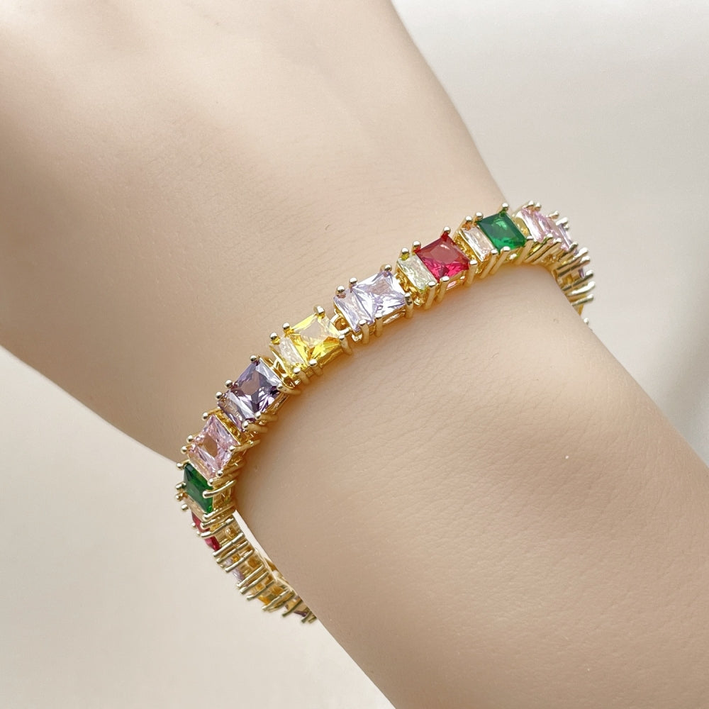 Oro Laminado Tennis Bracelet, Gold Filled Style Baguette Design, with Multicolor Cubic Zirconia, Polished, Golden Finish