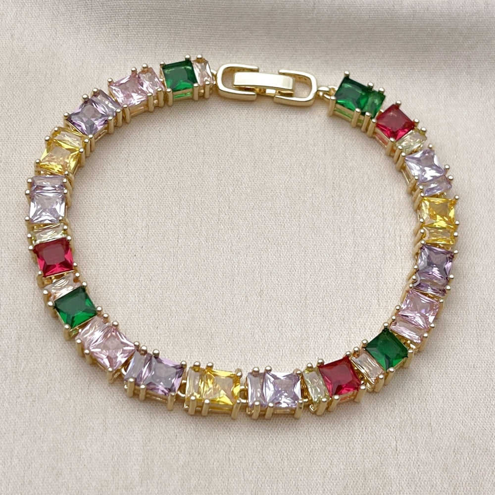 Oro Laminado Tennis Bracelet, Gold Filled Style Baguette Design, with Multicolor Cubic Zirconia, Polished, Golden Finish