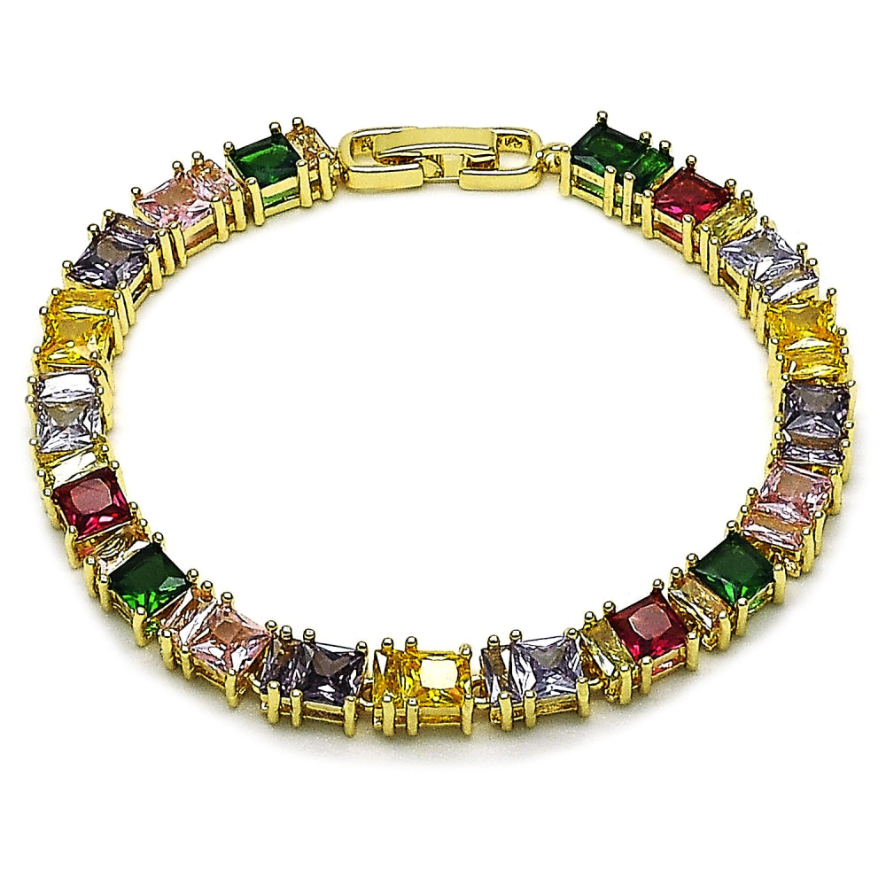 Oro Laminado Tennis Bracelet, Gold Filled Style Baguette Design, with Multicolor Cubic Zirconia, Polished, Golden Finish