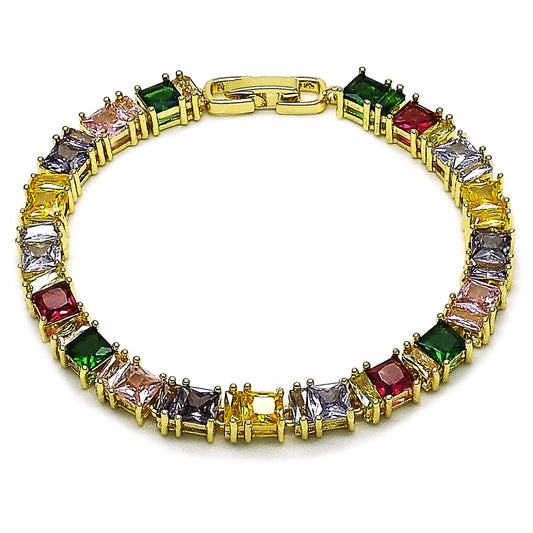 Oro Laminado Tennis Bracelet, Gold Filled Style Baguette Design, with Multicolor Cubic Zirconia, Polished, Golden Finish