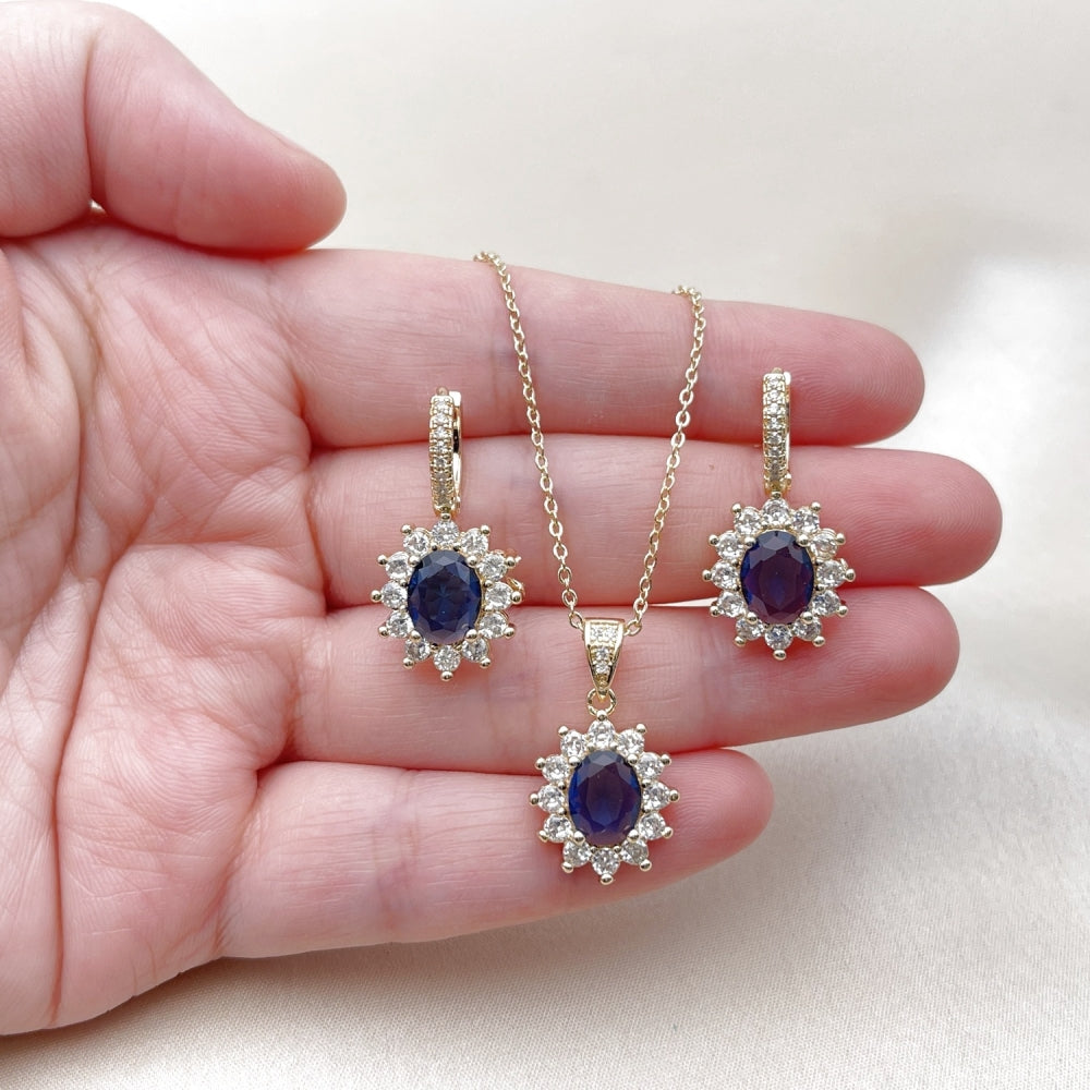 Oro Laminado Earring and Pendant Adult Set, Gold Filled Style Cluster Design, with Sapphire Blue and White Cubic Zirconia, Polished, Golden Finish