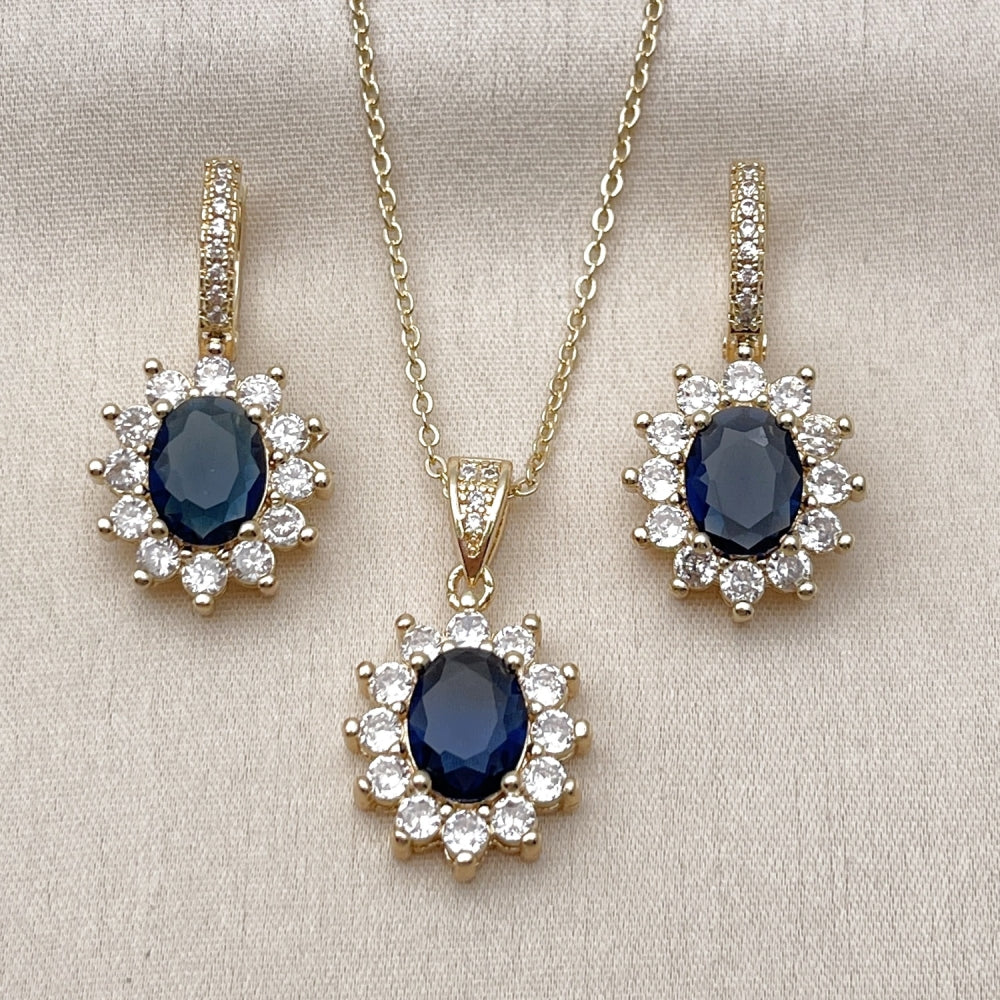 Oro Laminado Earring and Pendant Adult Set, Gold Filled Style Cluster Design, with Sapphire Blue and White Cubic Zirconia, Polished, Golden Finish