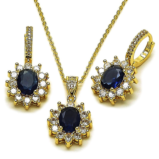 Oro Laminado Earring and Pendant Adult Set, Gold Filled Style Cluster Design, with Sapphire Blue and White Cubic Zirconia, Polished, Golden Finish