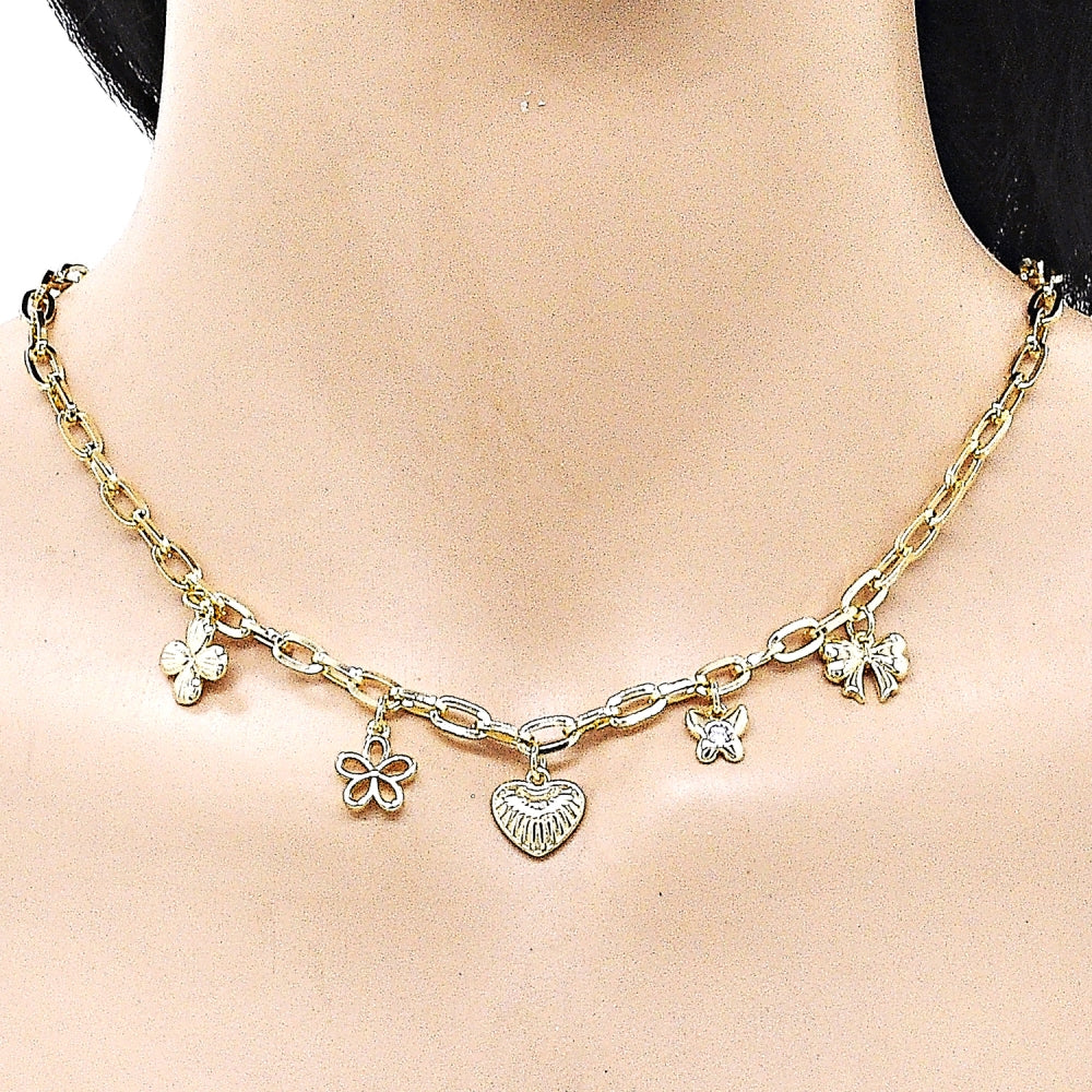 Oro Laminado Fancy Necklace, Gold Filled Style Heart and Butterfly Design, Polished, Golden Finish