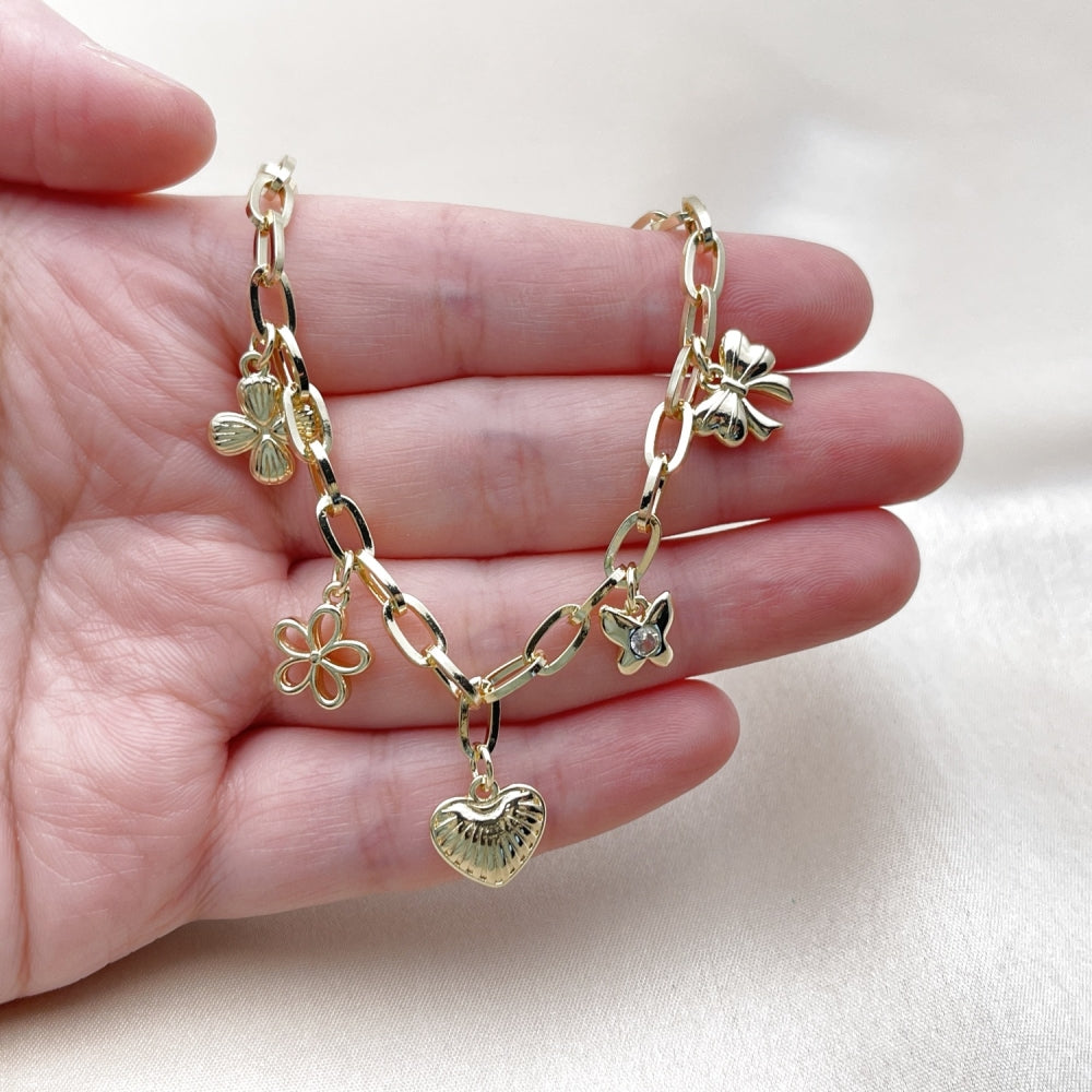 Oro Laminado Fancy Necklace, Gold Filled Style Heart and Butterfly Design, Polished, Golden Finish