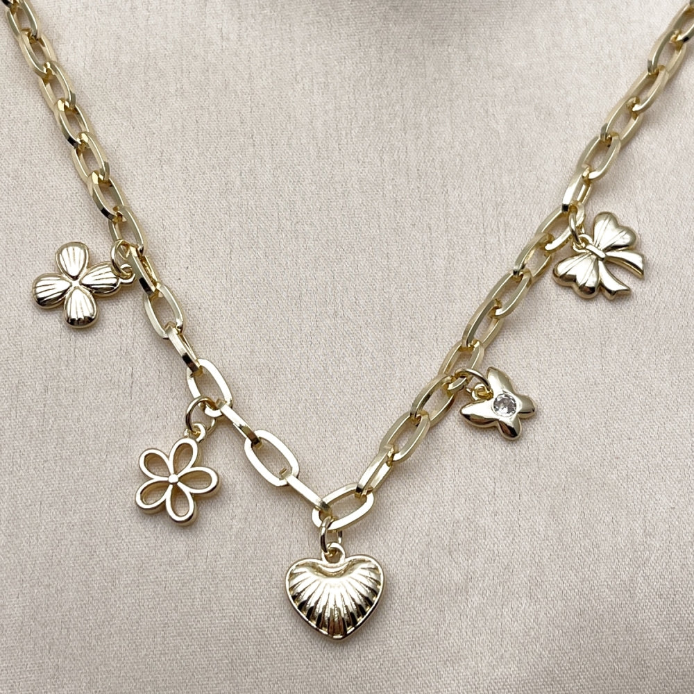 Oro Laminado Fancy Necklace, Gold Filled Style Heart and Butterfly Design, Polished, Golden Finish