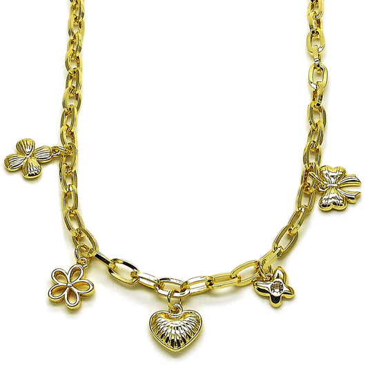 Oro Laminado Fancy Necklace, Gold Filled Style Heart and Butterfly Design, Polished, Golden Finish