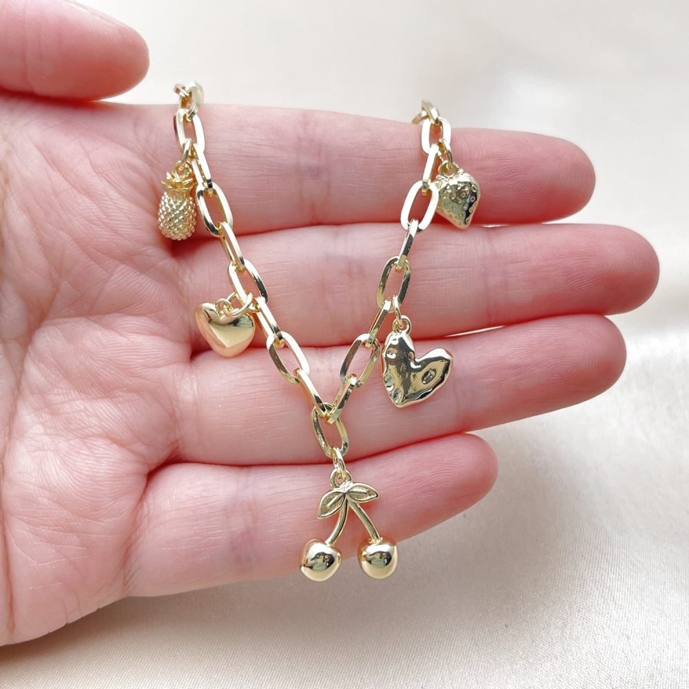 Oro Laminado Fancy Necklace, Gold Filled Style Cherry and Heart Design, Polished, Golden Finish