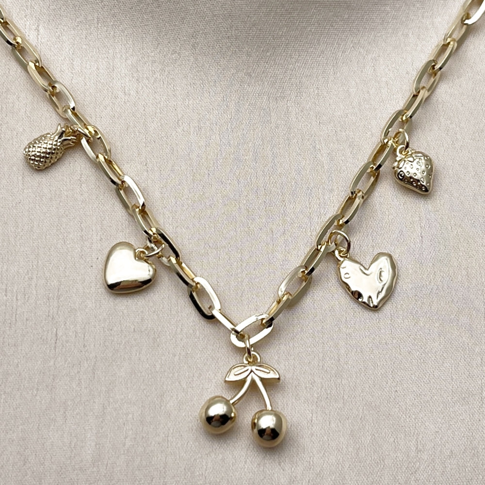 Oro Laminado Fancy Necklace, Gold Filled Style Cherry and Heart Design, Polished, Golden Finish