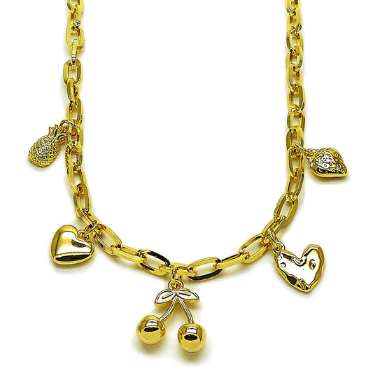 Oro Laminado Fancy Necklace, Gold Filled Style Cherry and Heart Design, Polished, Golden Finish