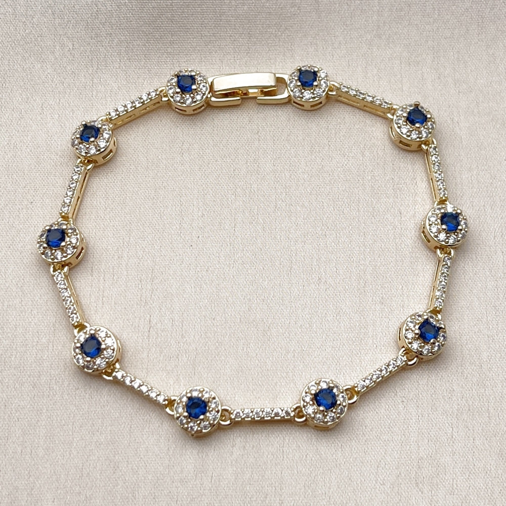 Oro Laminado Tennis Bracelet, Gold Filled Style Cluster Design, with Sapphire Blue and White Cubic Zirconia, Polished, Golden Finish