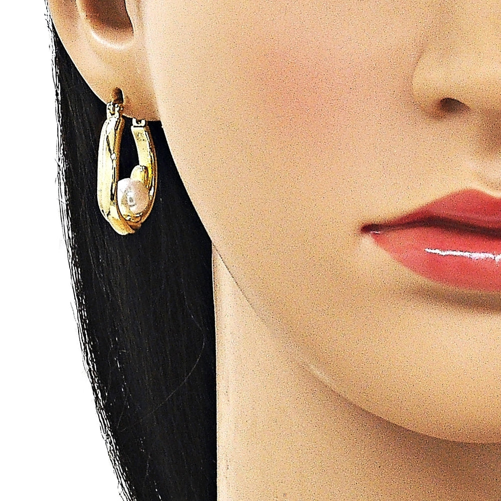 Oro Laminado Small Hoop, Gold Filled Style Ball Design, with Ivory Pearl, Polished, Golden Finish