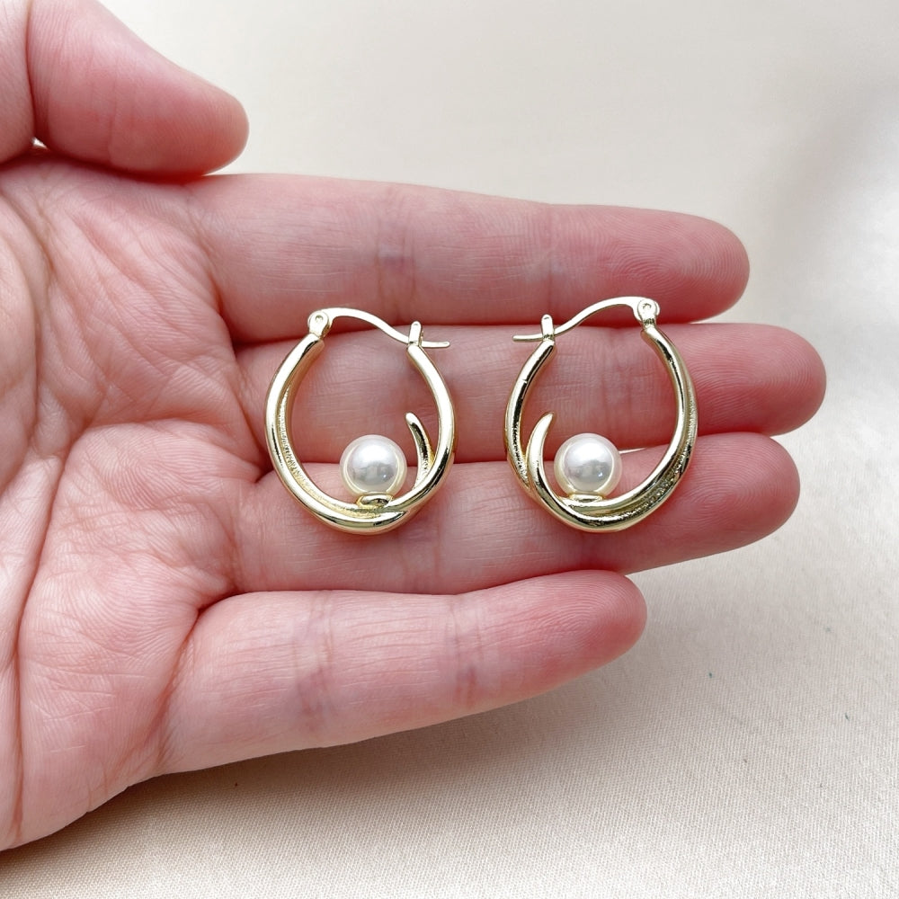 Oro Laminado Small Hoop, Gold Filled Style Ball Design, with Ivory Pearl, Polished, Golden Finish