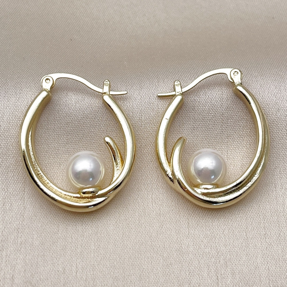 Oro Laminado Small Hoop, Gold Filled Style Ball Design, with Ivory Pearl, Polished, Golden Finish