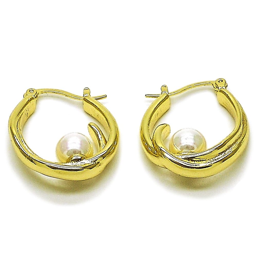 Oro Laminado Small Hoop, Gold Filled Style Ball Design, with Ivory Pearl, Polished, Golden Finish