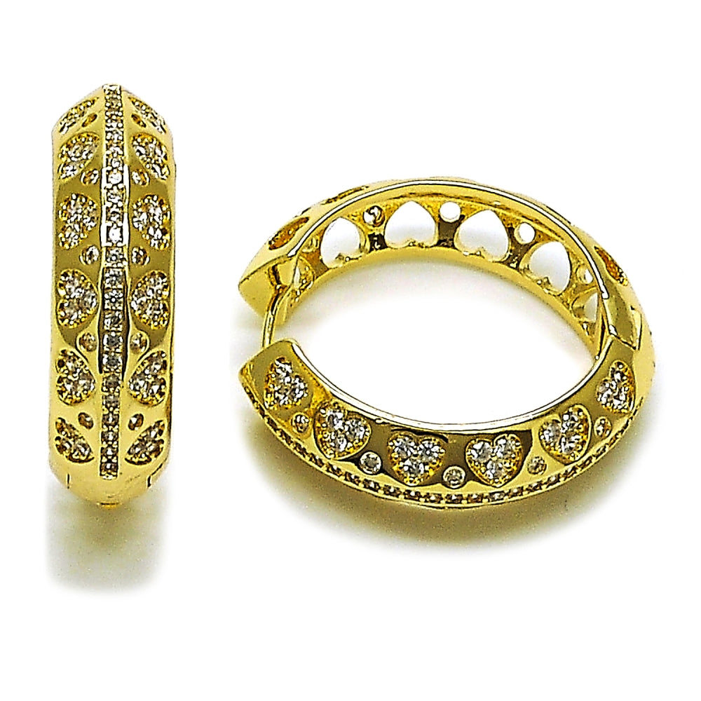 Oro Laminado Huggie Hoop, Gold Filled Style Heart Design, with White Cubic Zirconia, Polished, Golden Finish