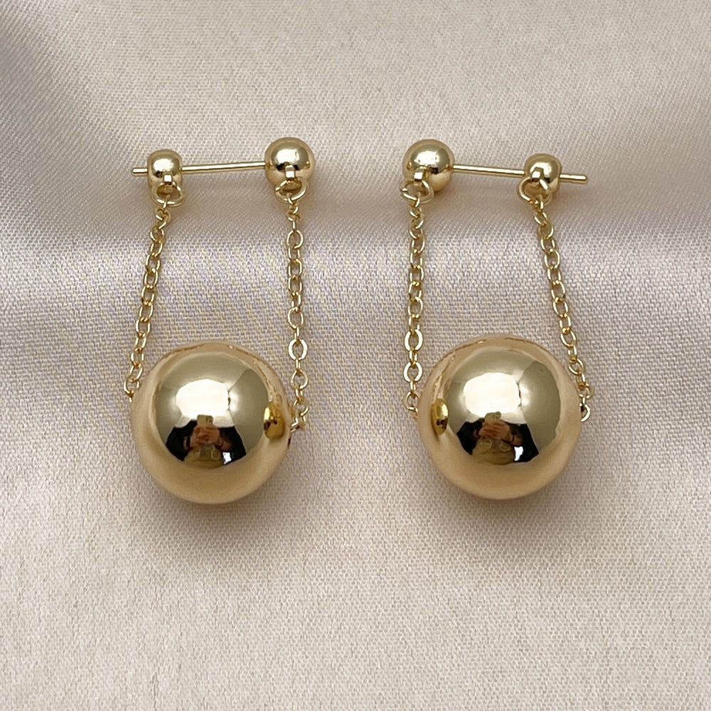 Oro Laminado Long Earring, Gold Filled Style Ball and Rolo Design, Polished, Golden Finish