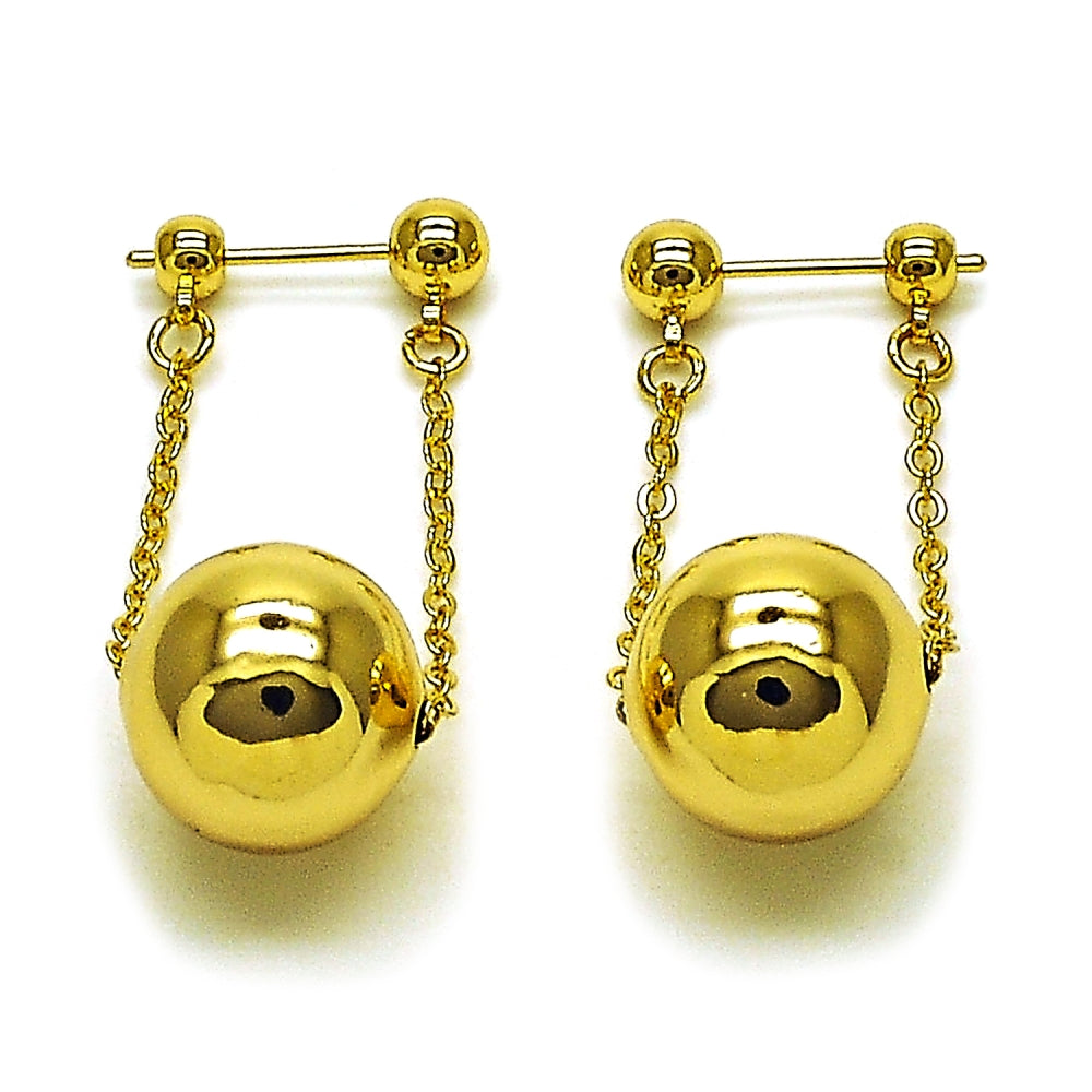 Oro Laminado Long Earring, Gold Filled Style Ball and Rolo Design, Polished, Golden Finish