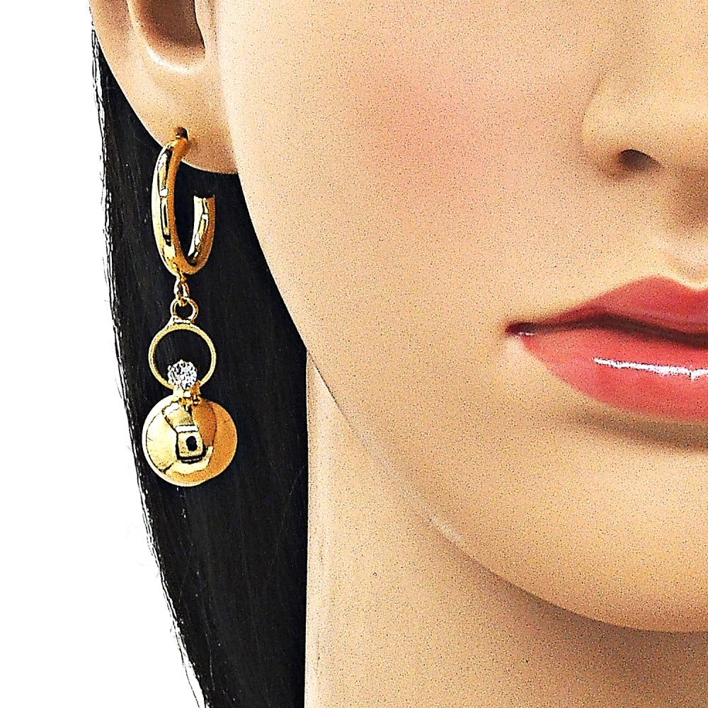 Oro Laminado Long Earring, Gold Filled Style Ball Design, with White Crystal, Polished, Golden Finish