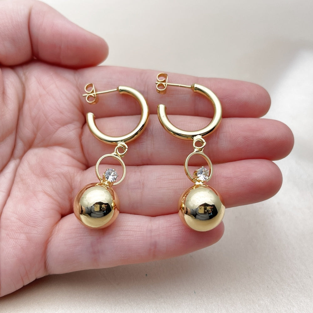 Oro Laminado Long Earring, Gold Filled Style Ball Design, with White Crystal, Polished, Golden Finish