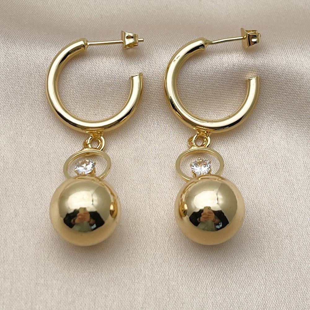 Oro Laminado Long Earring, Gold Filled Style Ball Design, with White Crystal, Polished, Golden Finish