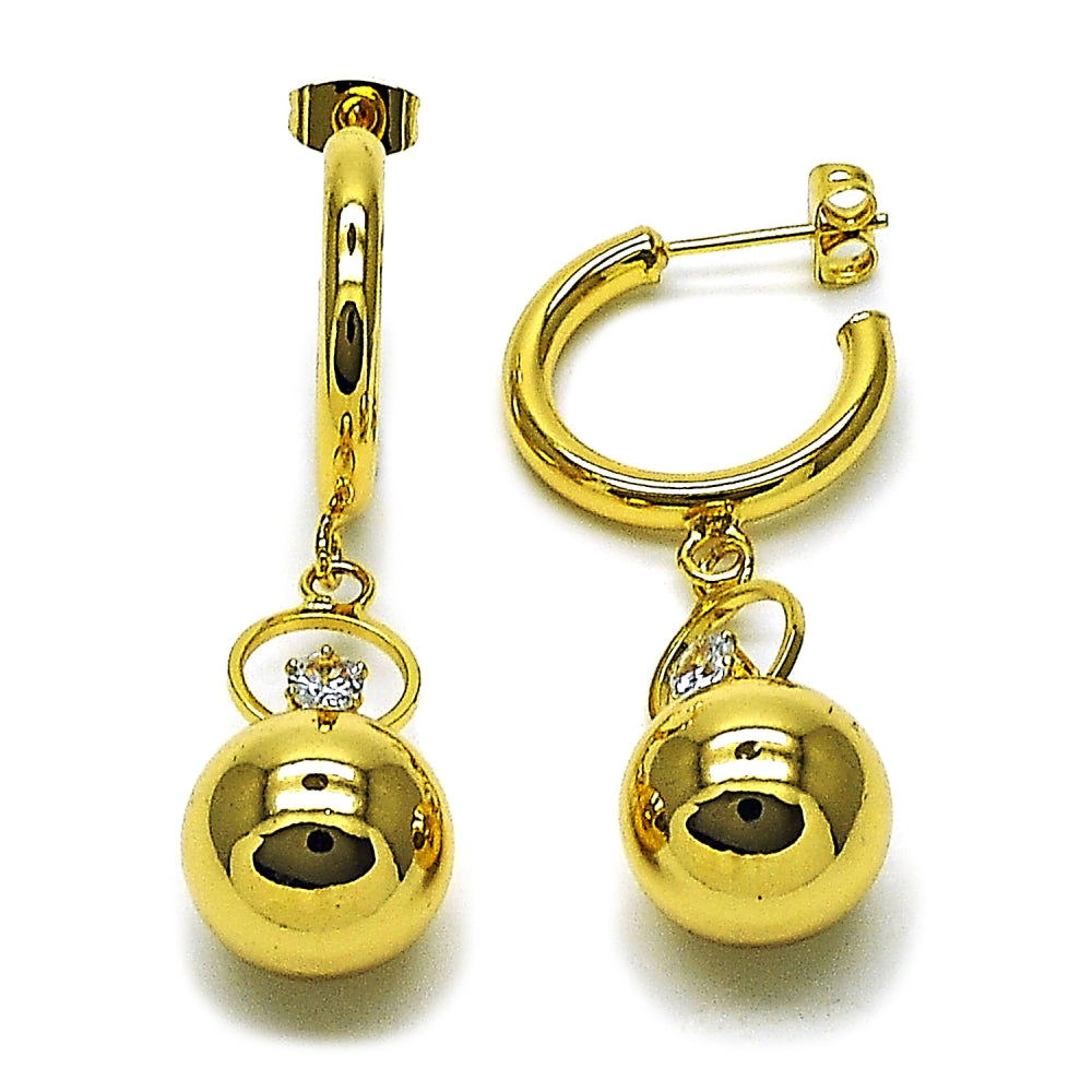 Oro Laminado Long Earring, Gold Filled Style Ball Design, with White Crystal, Polished, Golden Finish