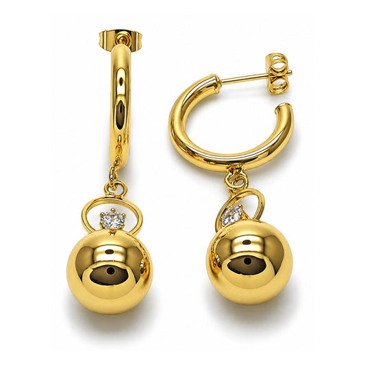 Oro Laminado Long Earring, Gold Filled Style Ball Design, with White Crystal, Polished, Golden Finish