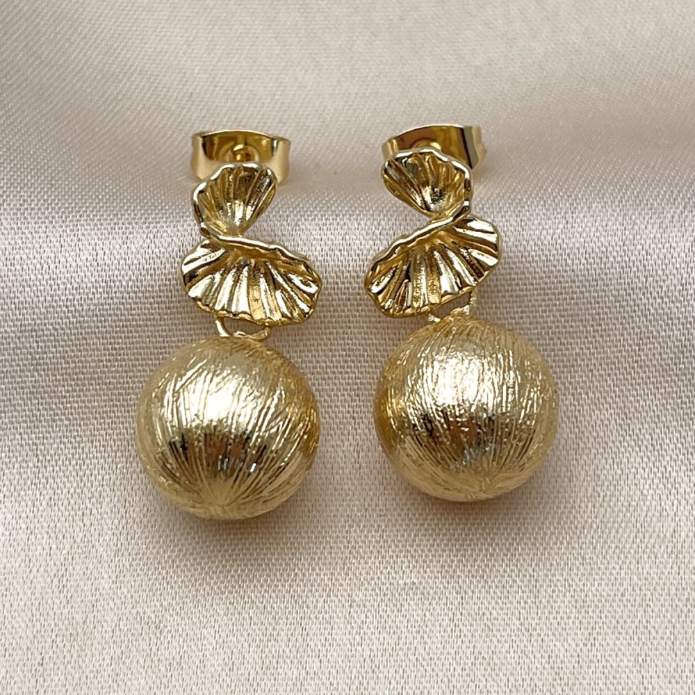 Oro Laminado Dangle Earring, Gold Filled Style Ball and Hollow Design, Brushed Finish, Golden Finish