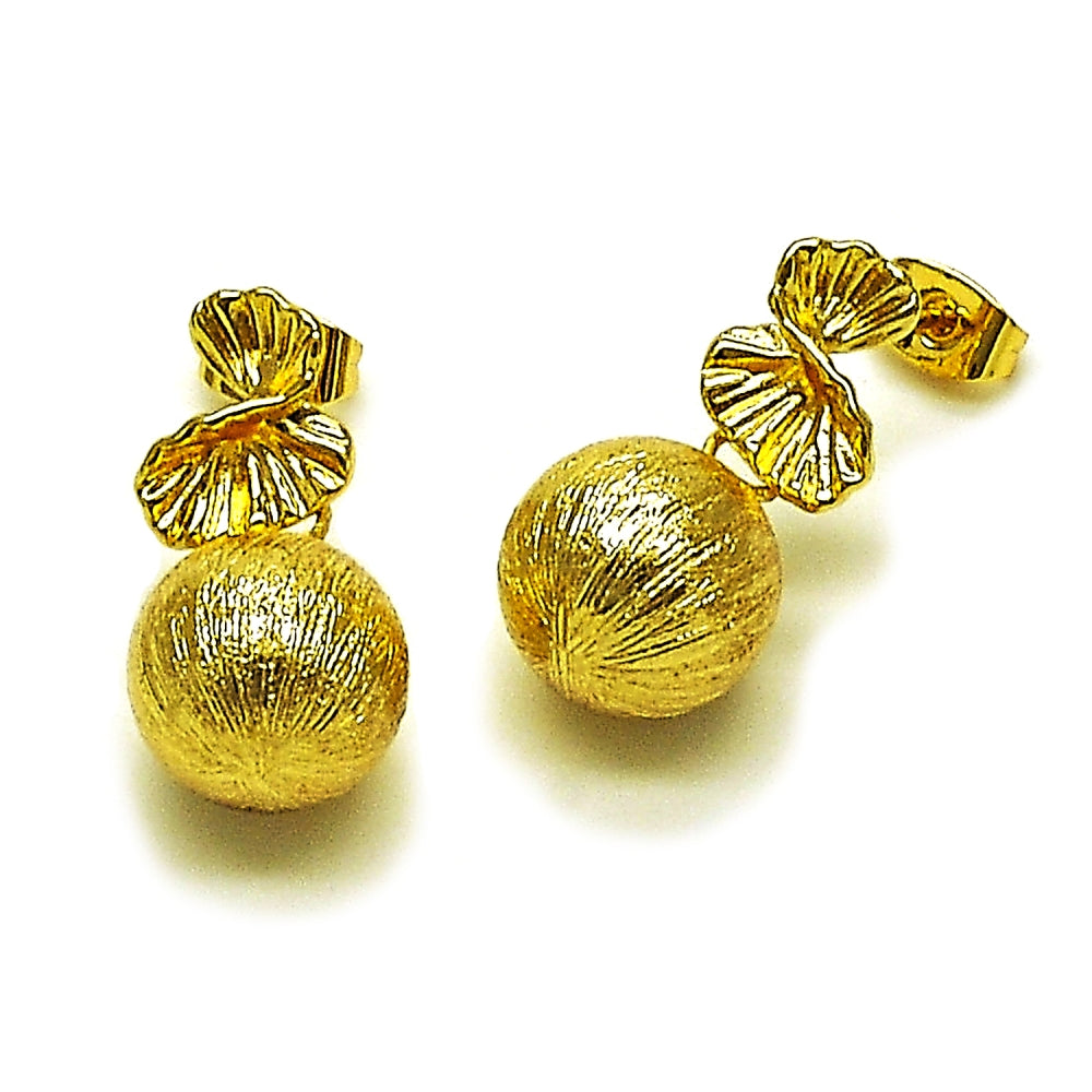 Oro Laminado Dangle Earring, Gold Filled Style Ball and Hollow Design, Brushed Finish, Golden Finish