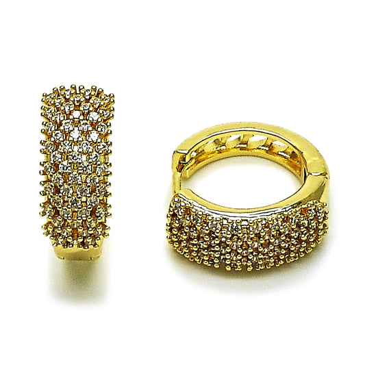 Oro Laminado Huggie Hoop, Gold Filled Style Heart Design, with White Cubic Zirconia, Polished, Golden Finish