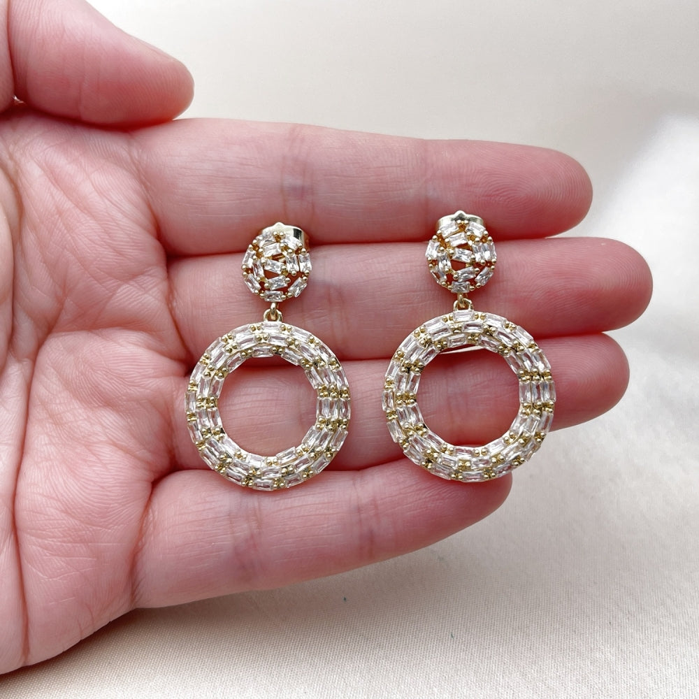 Oro Laminado Dangle Earring, Gold Filled Style Baguette and Cluster Design, with White Cubic Zirconia, Polished, Golden Finish