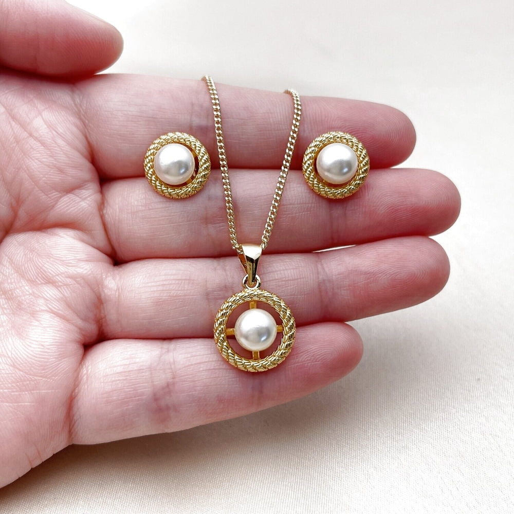 Oro Laminado Earring and Pendant Adult Set, Gold Filled Style Ball and Rope Design, with Ivory Pearl, Diamond Cutting Finish, Golden Finish