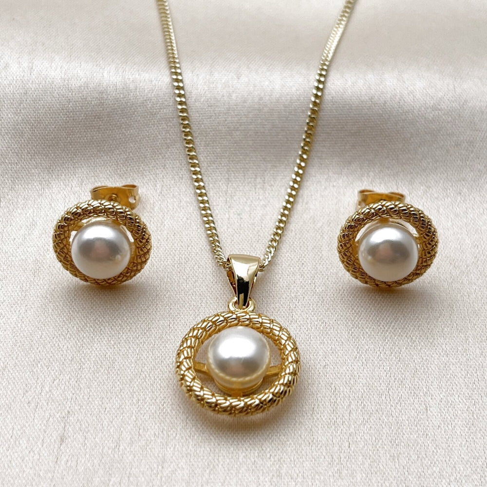 Oro Laminado Earring and Pendant Adult Set, Gold Filled Style Ball and Rope Design, with Ivory Pearl, Diamond Cutting Finish, Golden Finish