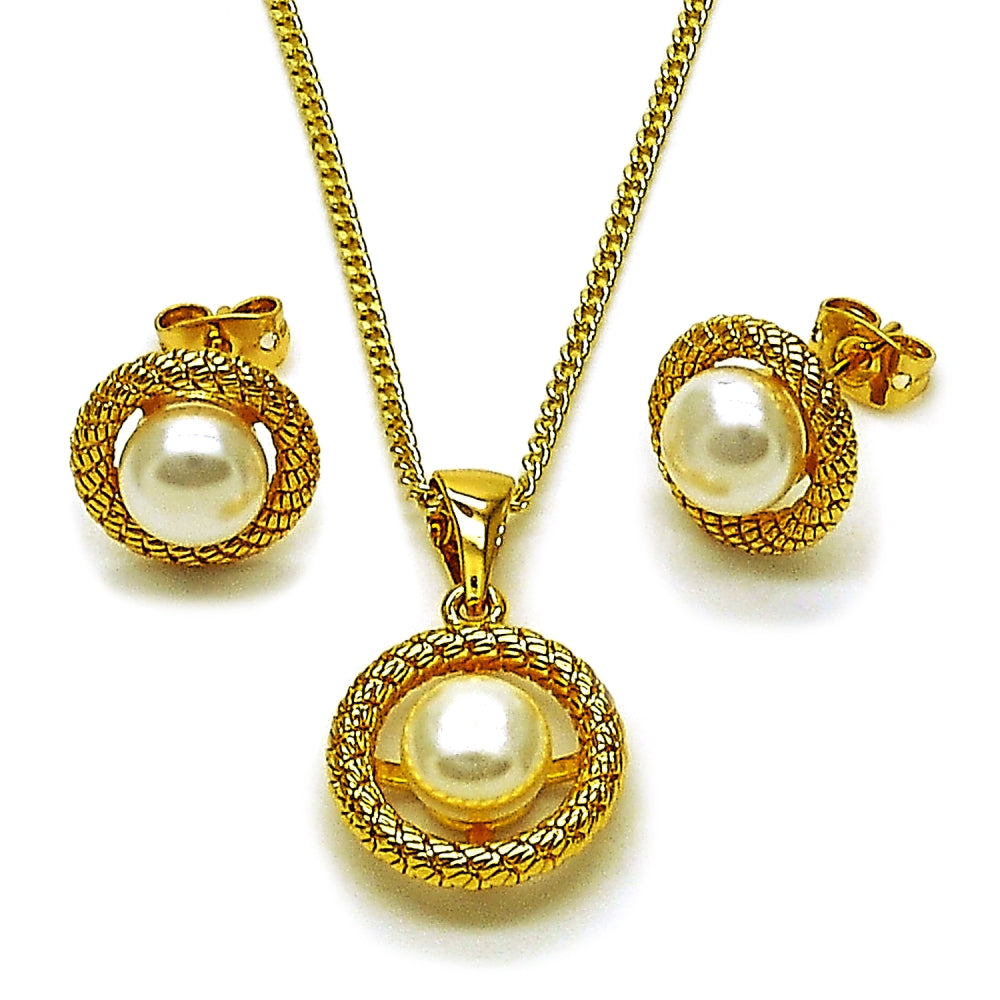 Oro Laminado Earring and Pendant Adult Set, Gold Filled Style Ball and Rope Design, with Ivory Pearl, Diamond Cutting Finish, Golden Finish