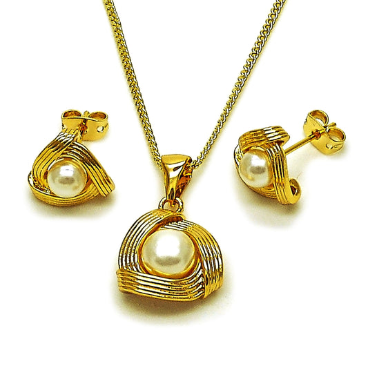 Oro Laminado Earring and Pendant Adult Set, Gold Filled Style Ball and Love Knot Design, with Ivory Pearl, Diamond Cutting Finish, Golden Finish