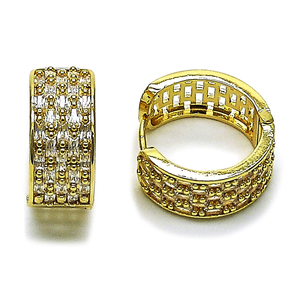 Oro Laminado Huggie Hoop, Gold Filled Style Baguette Design, with White Cubic Zirconia, Diamond Cutting Finish, Golden Finish