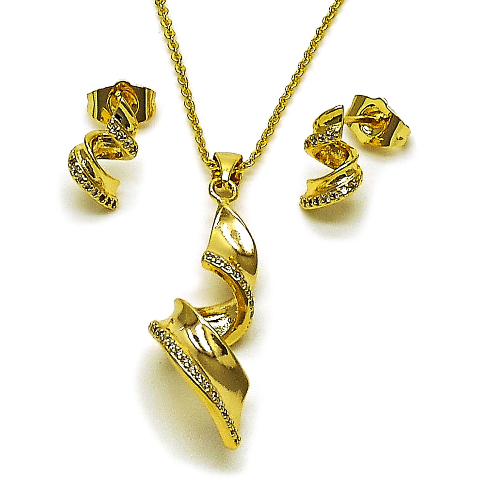Oro Laminado Earring and Pendant Adult Set, Gold Filled Style Twist Design, with White Micro Pave, Polished, Golden Finish