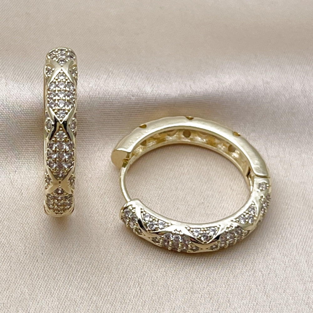 Oro Laminado Huggie Hoop, Gold Filled Style with White Cubic Zirconia, Polished, Golden Finish