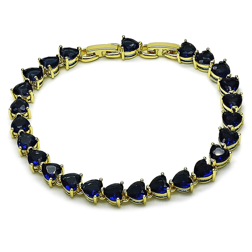 Oro Laminado Tennis Bracelet, Gold Filled Style Heart Design, with Sapphire Blue Cubic Zirconia, Polished, Golden Finish