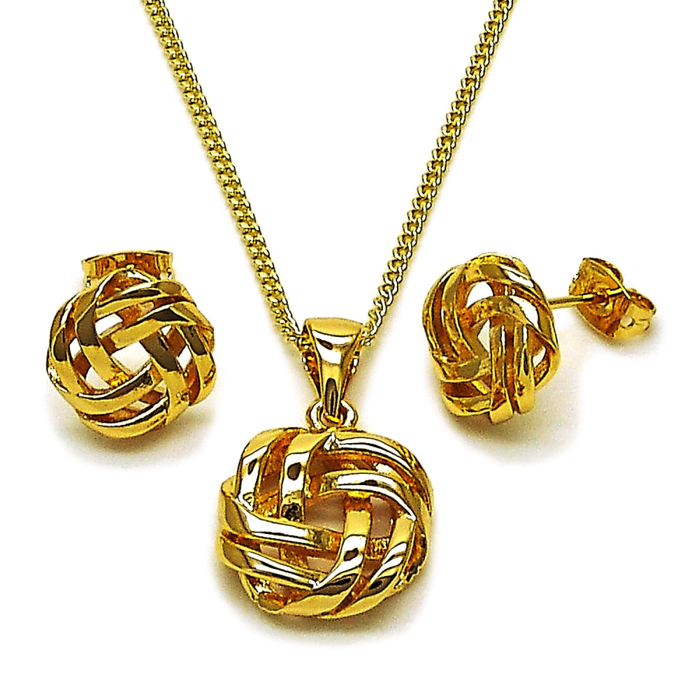 Oro Laminado Earring and Pendant Adult Set, Gold Filled Style Love Knot Design, Polished, Golden Finish