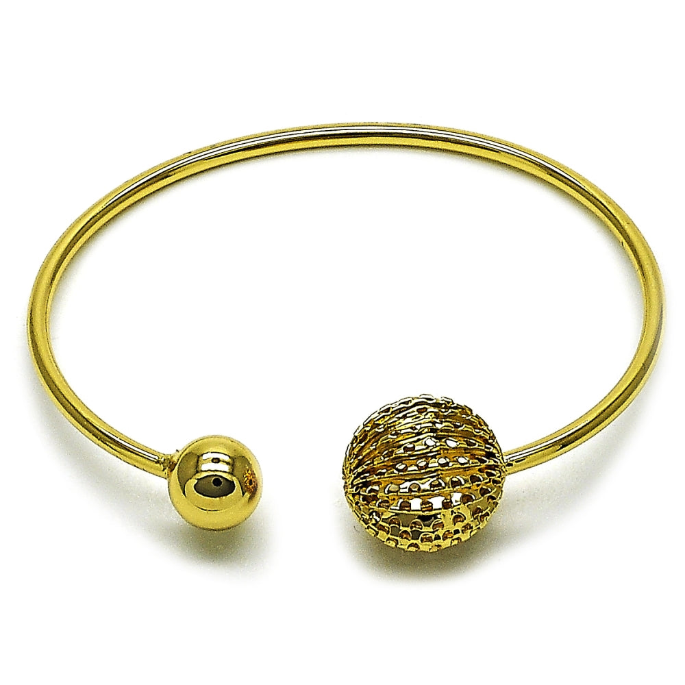 Oro Laminado Individual Bangle, Gold Filled Style Ball Design, Diamond Cutting Finish, Golden Finish